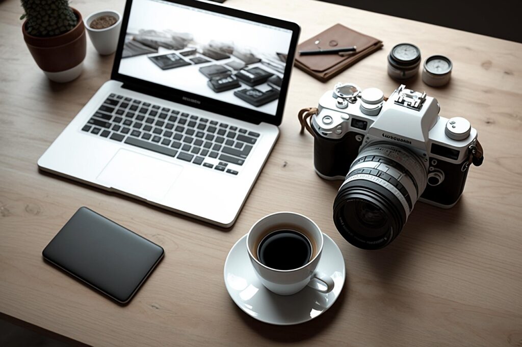 office, business, laptop, notebook, camera, coffee, technology, workspace